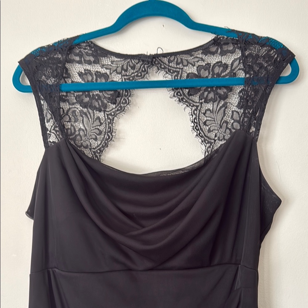 Black Ruched Asymmetrical Sheath Dress with Lace Detail Midi Size 14W